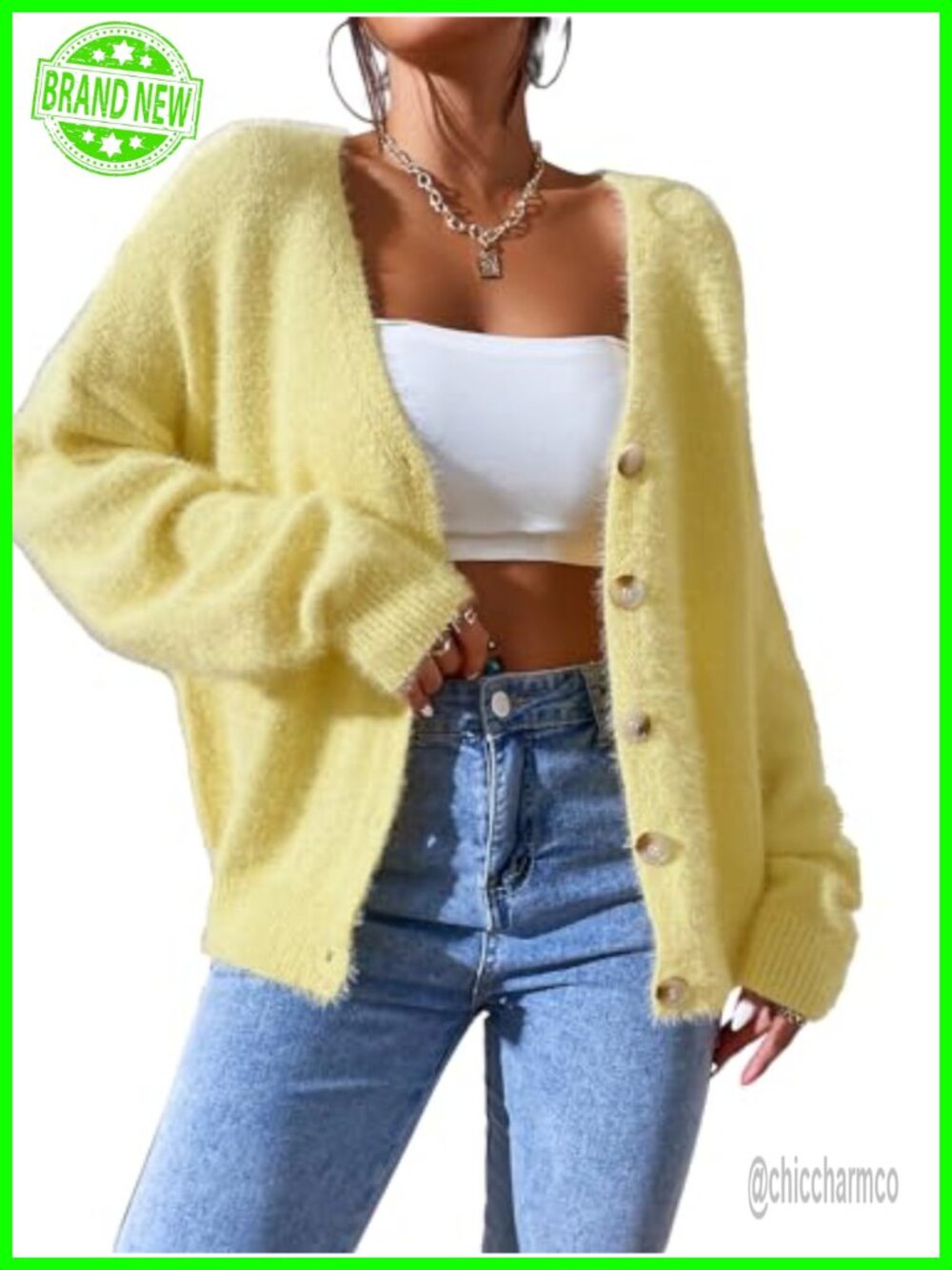 Fuzzy Button Down Cardigan Open Front Oversized V-Neck Knit Sweater